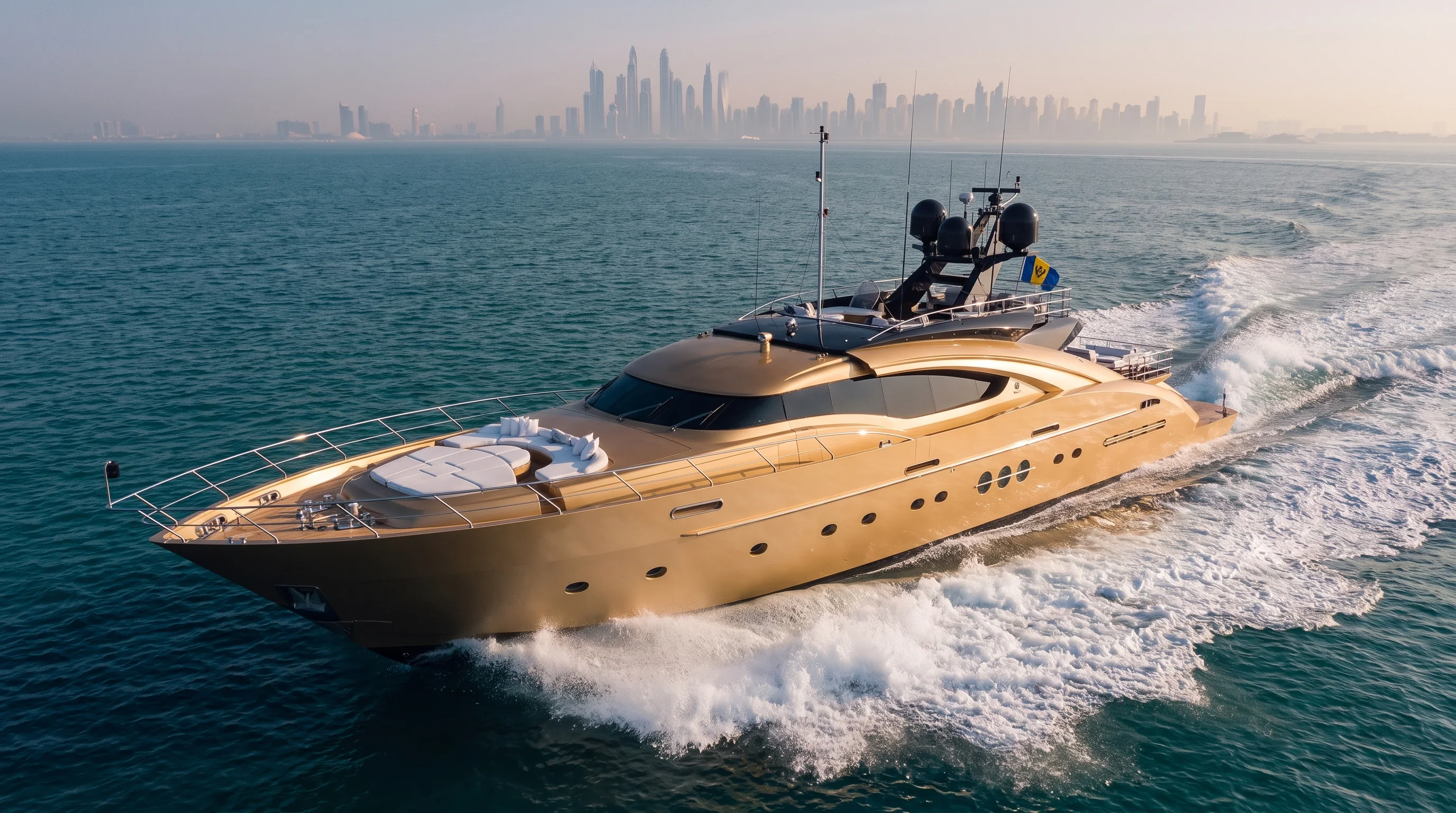 136 FT AK ROYALTY super yacht cruising at speed on the Arabian Gulf near Dubai