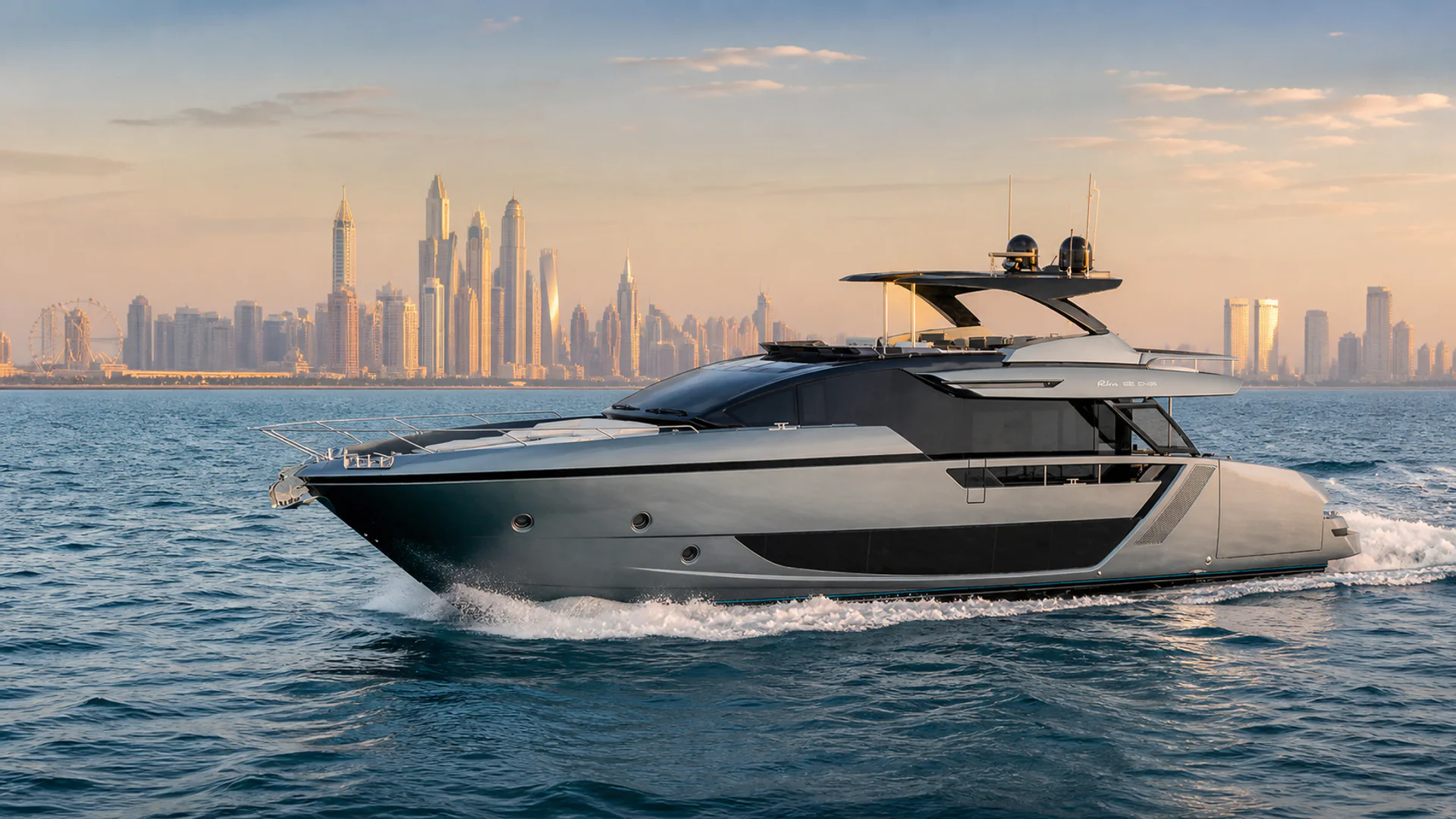 82 FT RIVA DIVA cruising off Dubai Marina at golden hour